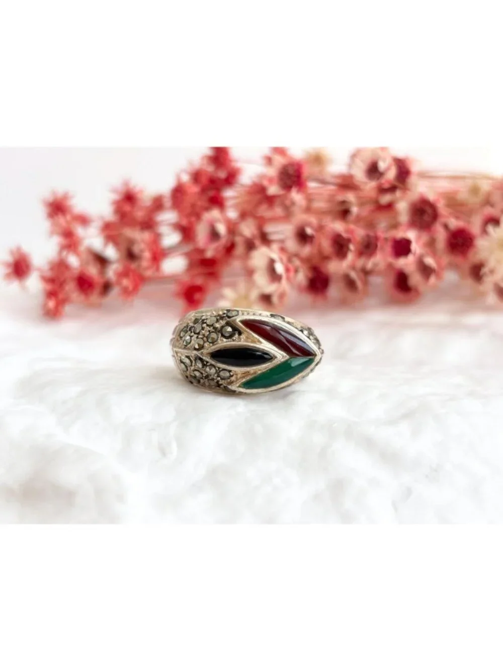 Art Deco Carnelian & Black Onyx Sterling Silver 925 Vintage Ring - sz 8.5